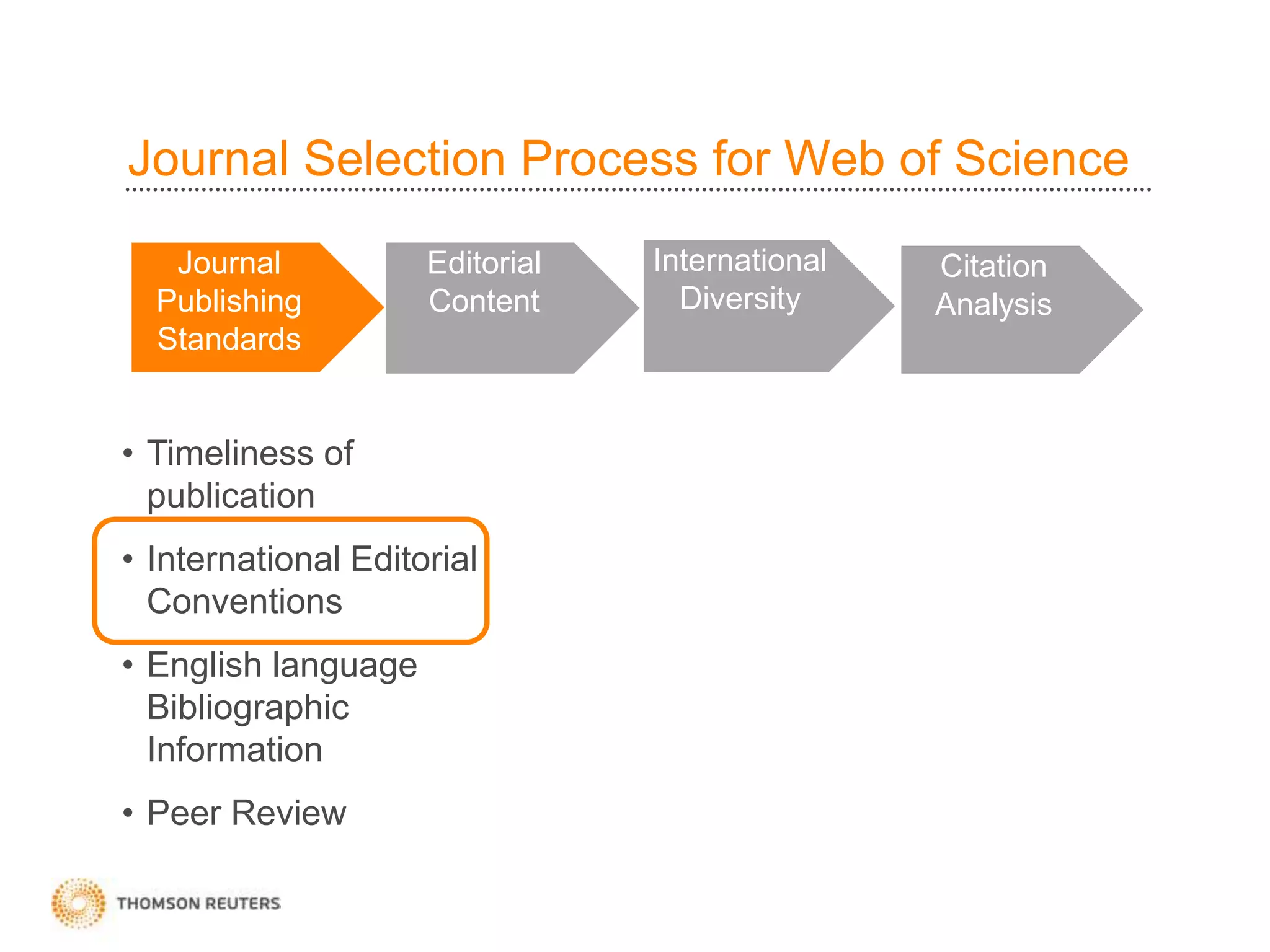 Journal Selection Process for Web of Science
Journal
Publishing
Standards
Editorial
Content
International
Diversity
Citation
Analysis
• Timeliness of
publication
• International Editorial
Conventions
• English language
Bibliographic
Information
• Peer Review
 