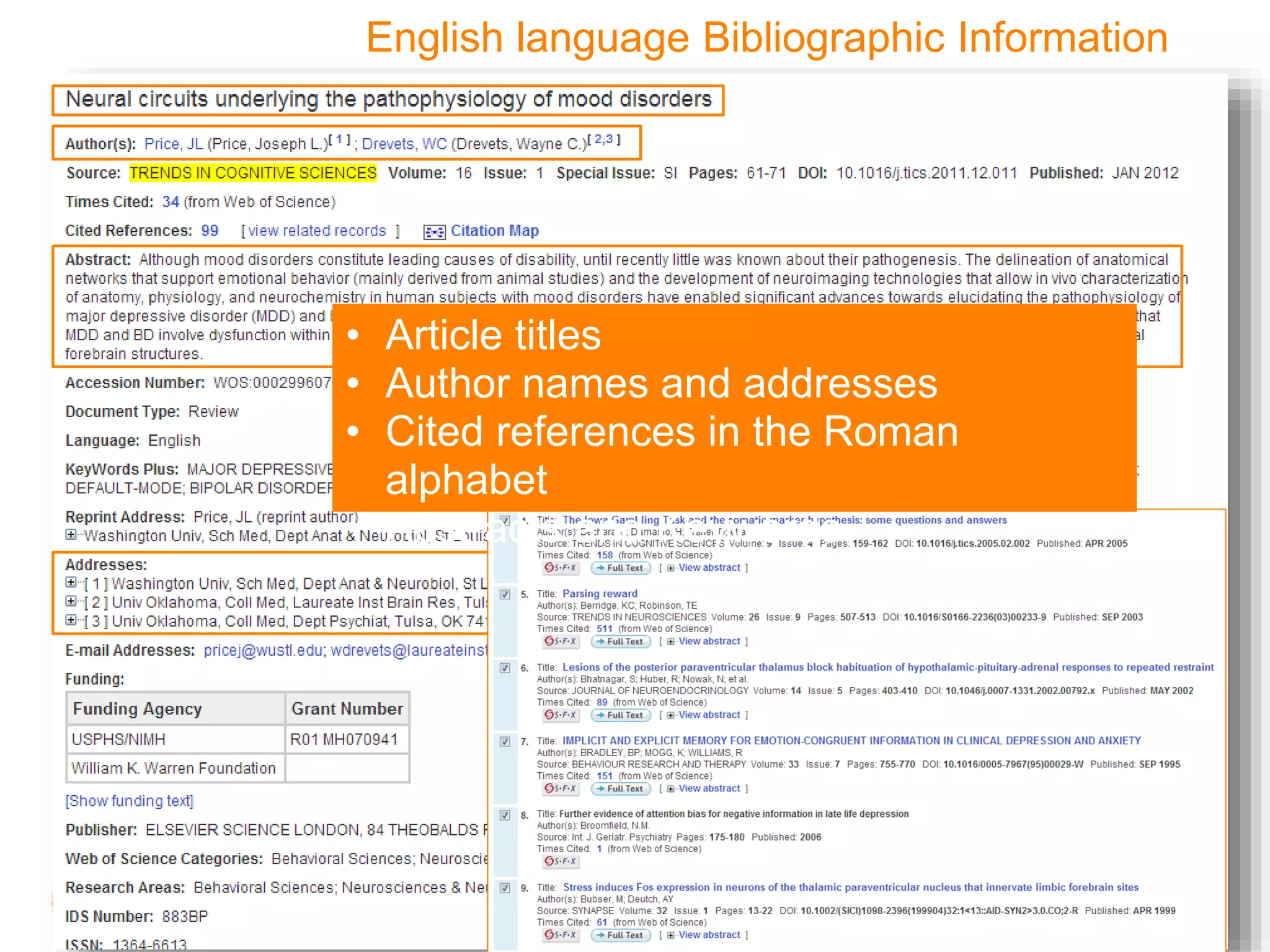 English language Bibliographic Information
• Article titles
• Author names and addresses
• Cited references in the Roman
alphabet
• Abstracts and Keywords
 