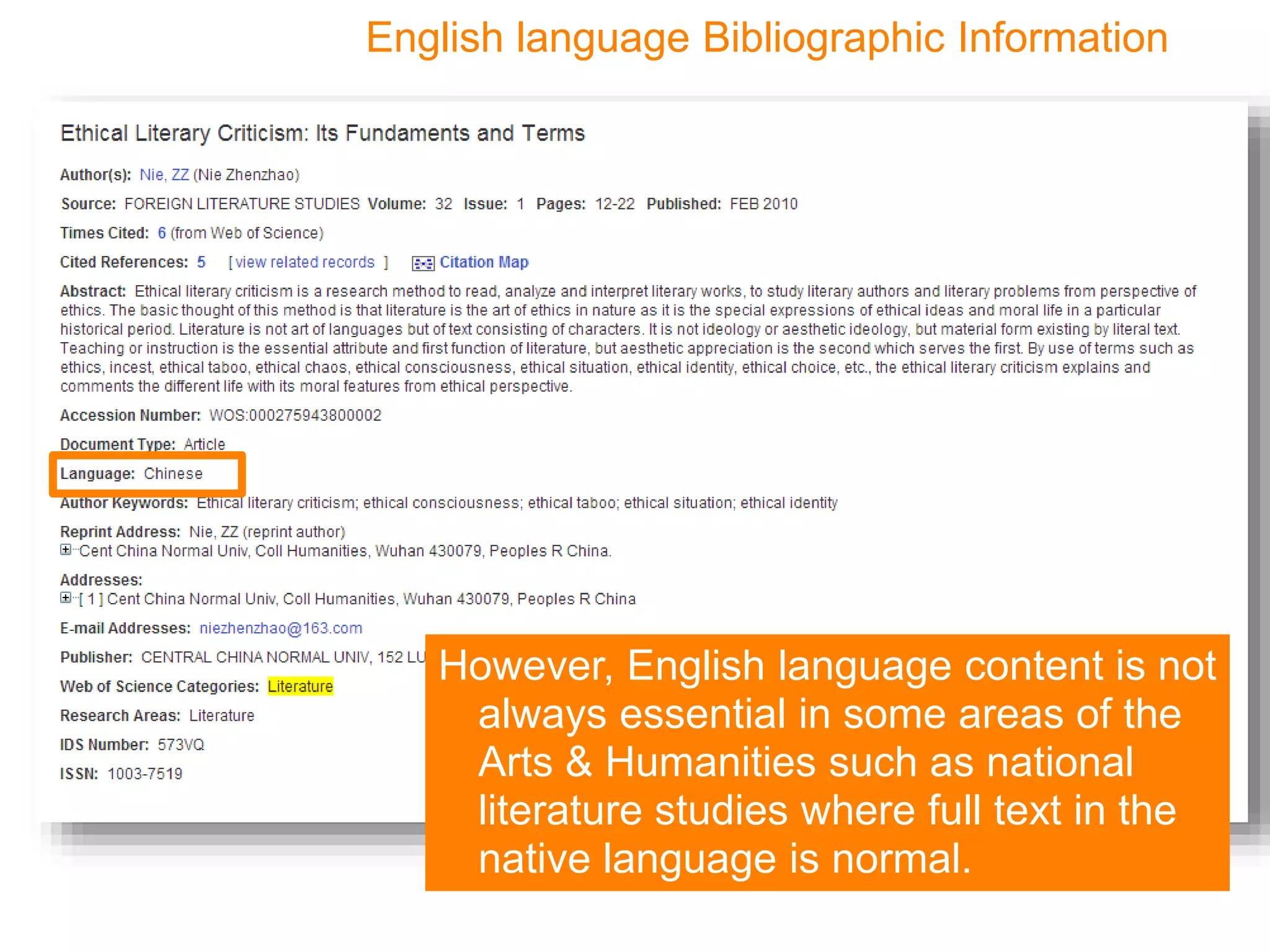 English language Bibliographic Information
However, English language content is not
always essential in some areas of the
Arts & Humanities such as national
literature studies where full text in the
native language is normal.
 