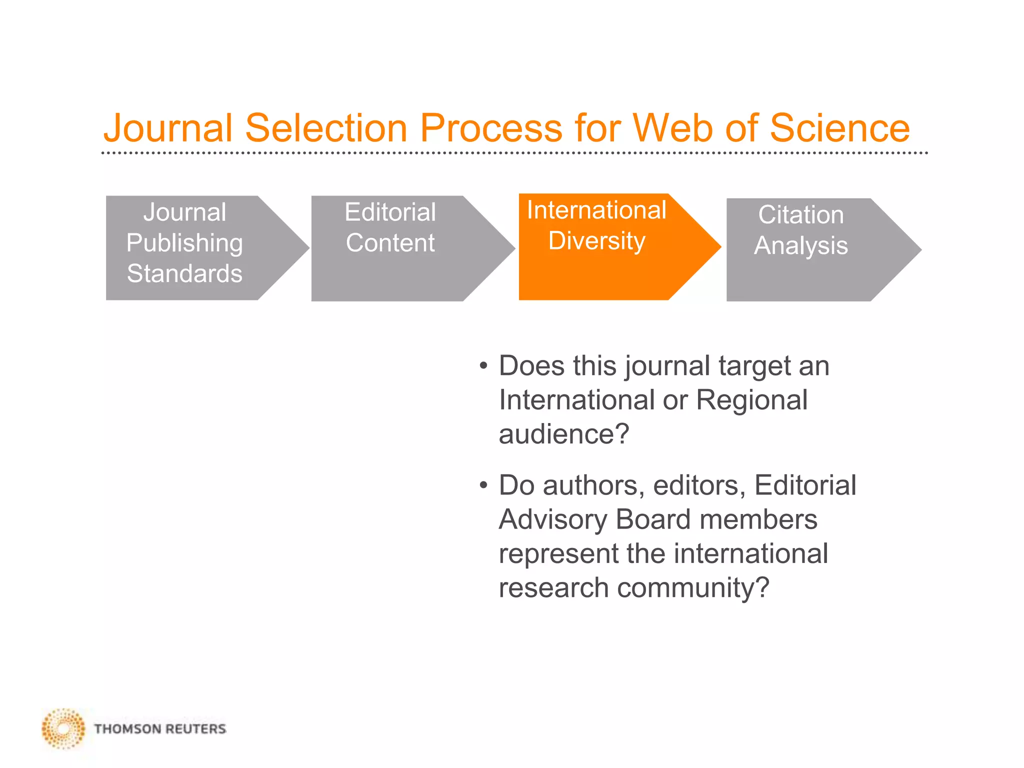 Journal Selection Process for Web of Science
Journal
Publishing
Standards
Editorial
Content
International
Diversity
Citation
Analysis
• Does this journal target an
International or Regional
audience?
• Do authors, editors, Editorial
Advisory Board members
represent the international
research community?
 
