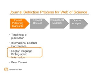 Journal Selection Process for Web of Science
Journal
Publishing
Standards
Editorial
Content
International
Diversity
Citati...