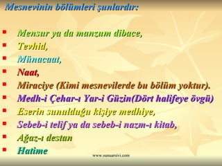 Mesnevinin bölümleri şunlardır: Mensur ya da manzum dibace, Tevhid, Münacaat, Naat, Miraciye (Kimi mesnevilerde bu bölüm yoktur). Medh-i Çehar-ı Yar-i Güzin(Dört halifeye övgü) Eserin sunulduğu kişiye medhiye, Sebeb-i telif ya da sebeb-i nazm-ı kitab, Ağaz-ı destan Hatime  