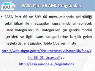EASA Part 66 AML Programları
• EASA Part 66 ve SHY 66 mevzuatlarında belirtildiği
şekil itibari ile mevzuatlar kapsamında alınabilecek
lisans kategorileri, bu kategoriler için gerekli modül
içerikleri ve ilgili lisans kategorilerine karşılık gelen
mesleki dallar aşağıdaki Tablo 1’de verilmiştir
http://web.shgm.gov.tr/documents/sivilhavacilik/files/s
ht_66_01_sinav.pdf ve
http://easa.europa.eu/regulations
 
