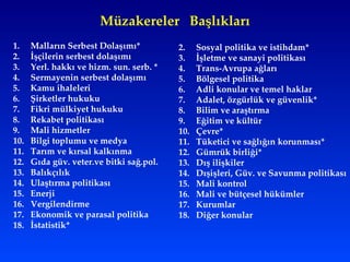 Malların Serbest Dolaşımı*  İşçilerin serbest dolaşımı  Yerl. hakkı ve hizm. sun. serb. * Sermayenin serbest dolaşımı Kamu ihaleleri  Şirketler hukuku  Fikri mülkiyet hukuku  Rekabet politikası Mali hizmetler  Bilgi toplumu ve medya  Tarım ve kırsal kalkınma  Gıda güv. veter.ve bitki sağ.pol. Balıkçılık Ulaştırma politikası  Enerji Vergilendirme Ekonomik ve parasal politika  İstatistik* Müzakereler  Başlıkları Sosyal politika ve istihdam* İşletme ve sanayi politikası Trans-Avrupa ağları Bölgesel politika Adli konular ve temel haklar Adalet, özgürlük ve güvenlik* Bilim ve araştırma Eğitim ve kültür Çevre* Tüketici ve sağlığın korunması* Gümrük birliği* Dış ilişkiler Dışişleri, Güv. ve Savunma politikası  Mali kontrol Mali ve bütçesel hükümler Kurumlar Diğer konular 