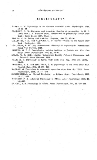 10 TÜRKİYE'DE PSİKOLOJİ
B İ B L İ O G R A F Y A
ALBEE, G. W. Psychology in the northern countries. Amer. Psychologist, 1955,
10, 82- 83.
ALLPORT, G. W. European and American theories of personality. In H. P.
David and H. V. Brackew (eds), Perspectives in personality theory. New
York: Basic Books, 1957. Chap. 1.
BOWRA, C. M. Poetry and tradition. Diogenes, 1958, 22, 16-26.
GILLESPIE, J. M., and ALLPORT, G. W. Youth's outlook on the future. New
York : Doubleday, 1955.
( JACOBSON, E. H.' (Ed) International Directory of Psychologist. Netherlands:
Royal Van Gorcum, 1958.
LEHNER, G. F. J. Psychological training facilities in Austria and West Ger­
many. Amer. Psychologist, 1955, 10, 79-82.
M|ILES, W. R. (Ed).. İstanbul Üniversitesi Tecrübî Psikoloji Çalınmaları. Vol.
1. İstanbul : Baha Matbaası, 1956.
PAGE, H. E. Psychology in Egypt. DSN ONR tech. Rep., 1959, No. ONRL -
24!-59.
PROTHRO, E. T., and MELIKIAN, L. H. psychology in the Arab Near East.
Psychol. Bull., 1955, 52, 305-310.
RAZRAN, G. Psychology in communist countries other than the USSR. Amer.
Psychologist, 1958, 13, 177-178.
SUMMERFIELD, A. Clinical Psychology in Britain. Amer. Psychologist, 1958,
13, 171-176.
WICKERT, F. R. Industrial Psychology in Africa. Amer Psychologist 1960, 15,
:
163 -170.
ZAJONC, R. B. Psychology in Poland- Amer. Psychologist, 1957, 12. 730-733.
 