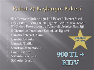  50+ Temanın Bulunduğu Full Paket E-Ticaret Sitesi 
 Uçak Bileti, Otobüs Bileti, Sigorta, SMS, Marka Tescili, 
PVC Kart, Promosyon ve Teknoloji Ürünleri Bayiliği 
 E-Ticaret ile Pazarlama Stratejileri Eğitimi 
 Limitsiz İnternet Alanı 
 Limitsiz E-Posta 
 Limitsiz Trafik 
 Ücretsiz Danışmanlık 
 Logo Tasarımı 
 500 Adet Kartvizit 
 500 Adet Broşür 
 