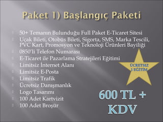  50+ Temanın Bulunduğu Full Paket E-Ticaret Sitesi 
 Uçak Bileti, Otobüs Bileti, Sigorta, SMS, Marka Tescili, 
PVC Kart, Promosyon ve Teknoloji Ürünleri Bayiliği 
 0850’li Telefon Numarası 
 E-Ticaret ile Pazarlama Stratejileri Eğitimi 
 Limitsiz İnternet Alanı 
 Limitsiz E-Posta 
 Limitsiz Trafik 
 Ücretsiz Danışmanlık 
 Logo Tasarımı 
 100 Adet Kartvizit 
 100 Adet Broşür 
 