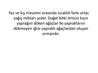 Yaz ve kış mevsimi arasında sıcaklık farkı artar,
   yağış miktarı azalır. Doğal bitki örtüsü kışın
     yaprağını döken ağaçlar ile yapraklarını
   dökmeyen iğne yapraklı ağaçlardan oluşan
                    ormandır.
 