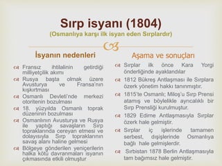 
Sırp isyanı (1804)
(Osmanlıya karşı ilk isyan eden Sırplardır)
İsyanın nedenleri
 Fransız ihtilalinin getirdiği
milliyetçilik akımı
 Rusya başta olmak üzere
Avusturya ve Fransa’nın
kışkırtması
 Osmanlı Devleti’nde merkezi
otoritenin bozulması
 18. yüzyılda Osmanlı toprak
düzeninin bozulması
 Osmanlının Avusturya ve Rusya
ile yaptığı savaşların Sırp
topraklarında cereyan etmesi ve
dolayısıyla Sırp topraklarının
savaş alanı haline gelmesi
 Bölgeye gönderilen yeniçerilerin
halka kötü davranmaları isyanın
çıkmasında etkili olmuştur.
Aşama ve sonuçları
 Sırplar ilk önce Kara Yorgi
önderliğinde ayaklandılar
 1812 Bükreş Antlaşması ile Sırplara
özerk yönetim hakkı tanınmıştır.
 1815’te Osmanlı; Miloş’u Sırp Prensi
atamış ve böylelikle ayrıcalıklı bir
Sırp Prensliği kurulmuştur.
 1829 Edirne Antlaşmasıyla Sırplar
özerk hale gelmiştir.
 Sırplar iç işlerinde tamamen
serbest, dışişlerinde Osmanlıya
bağlı hale gelmişlerdir.
 Sırbistan 1878 Berlin Antlaşmasıyla
tam bağımsız hale gelmiştir.
 