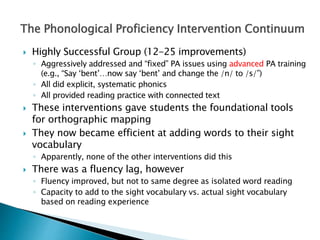  Highly Successful Group (12-25 improvements)
◦ Aggressively addressed and “fixed” PA issues using advanced PA training
(e.g., “Say ‘bent’…now say ‘bent’ and change the /n/ to /s/”)
◦ All did explicit, systematic phonics
◦ All provided reading practice with connected text
 These interventions gave students the foundational tools
for orthographic mapping
 They now became efficient at adding words to their sight
vocabulary
◦ Apparently, none of the other interventions did this
 There was a fluency lag, however
◦ Fluency improved, but not to same degree as isolated word reading
◦ Capacity to add to the sight vocabulary vs. actual sight vocabulary
based on reading experience
 