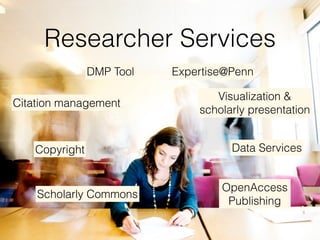 Researcher Services 
DMP Tool Expertise@Penn 
Copyright 
Scholarly Commons 
Visualization & 
scholarly presentation 
Data Services 
Citation management 
OpenAccess 
Publishing 
 