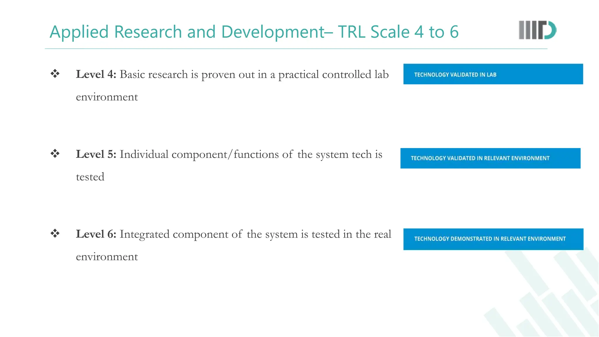 Applied Research and Development– TRL Scale 4 to 6
 Level 4: Basic research is proven out in a practical controlled lab
environment
 Level 5: Individual component/functions of the system tech is
tested
 Level 6: Integrated component of the system is tested in the real
environment
 