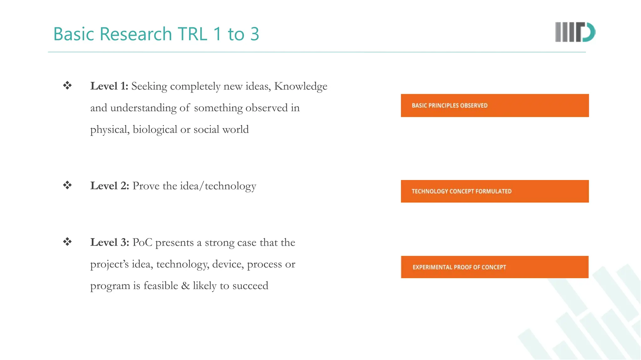 Basic Research TRL 1 to 3
 Level 1: Seeking completely new ideas, Knowledge
and understanding of something observed in
physical, biological or social world
 Level 2: Prove the idea/technology
 Level 3: PoC presents a strong case that the
project’s idea, technology, device, process or
program is feasible & likely to succeed
 