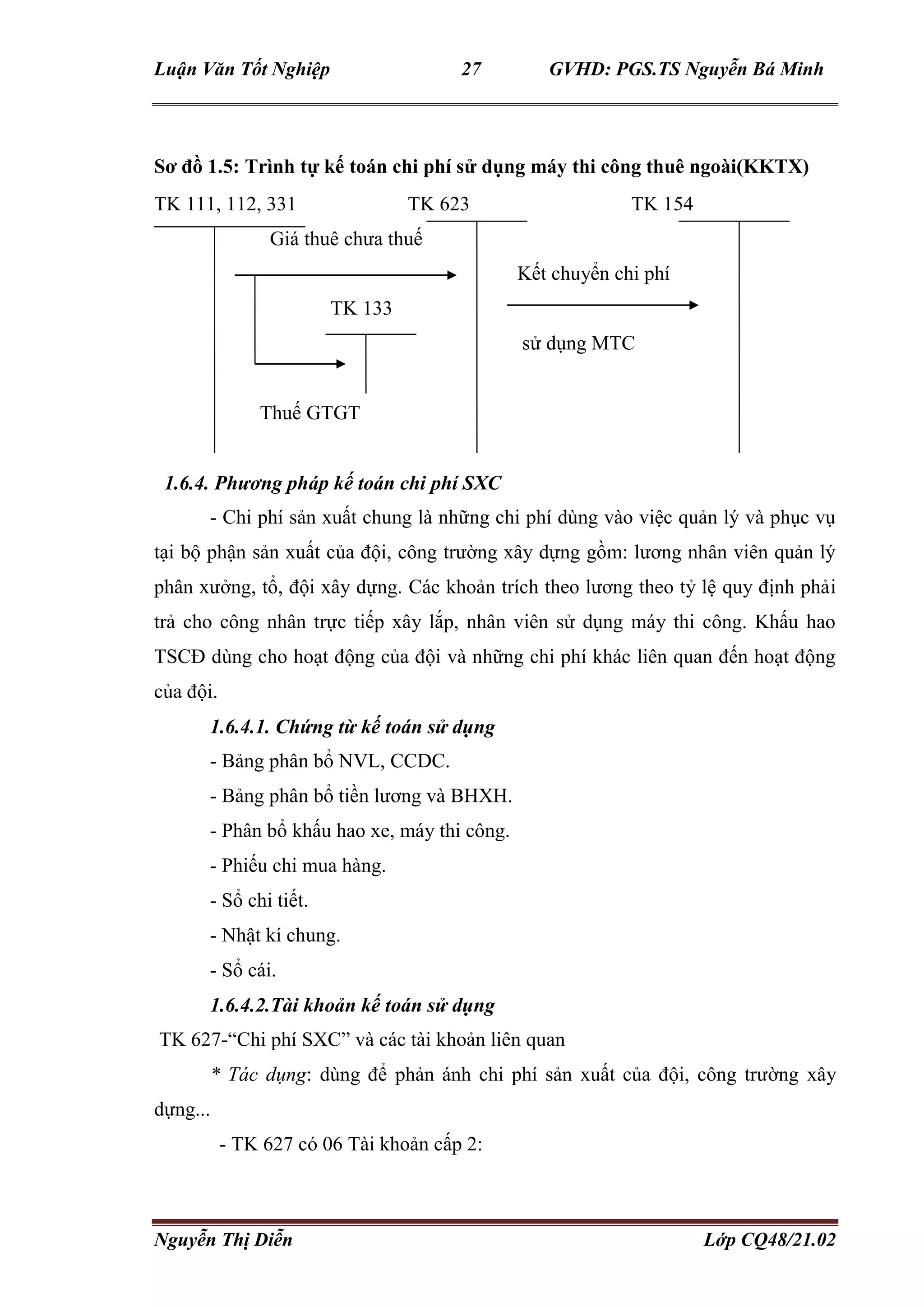 Luận Văn Tốt Nghiệp 27 GVHD: PGS.TS Nguyễn Bá Minh
Nguyễn Thị Diễn Lớp CQ48/21.02
Sơ đồ 1.5: Trình tự kế toán chi phí sử dụng máy thi công thuê ngoài(KKTX)
TK 111, 112, 331 TK 623 TK 154
Giá thuê chưa thuế
Kết chuyển chi phí
TK 133
sử dụng MTC
Thuế GTGT
1.6.4. Phương pháp kế toán chi phí SXC
- Chi phí sản xuất chung là những chi phí dùng vào việc quản lý và phục vụ
tại bộ phận sản xuất của đội, công trường xây dựng gồm: lương nhân viên quản lý
phân xưởng, tổ, đội xây dựng. Các khoản trích theo lương theo tỷ lệ quy định phải
trả cho công nhân trực tiếp xây lắp, nhân viên sử dụng máy thi công. Khấu hao
TSCĐ dùng cho hoạt động của đội và những chi phí khác liên quan đến hoạt động
của đội.
1.6.4.1. Chứng từ kế toán sử dụng
- Bảng phân bổ NVL, CCDC.
- Bảng phân bổ tiền lương và BHXH.
- Phân bổ khấu hao xe, máy thi công.
- Phiếu chi mua hàng.
- Sổ chi tiết.
- Nhật kí chung.
- Sổ cái.
1.6.4.2.Tài khoản kế toán sử dụng
TK 627-“Chi phí SXC” và các tài khoản liên quan
* Tác dụng: dùng để phản ánh chi phí sản xuất của đội, công trường xây
dựng...
- TK 627 có 06 Tài khoản cấp 2:
 