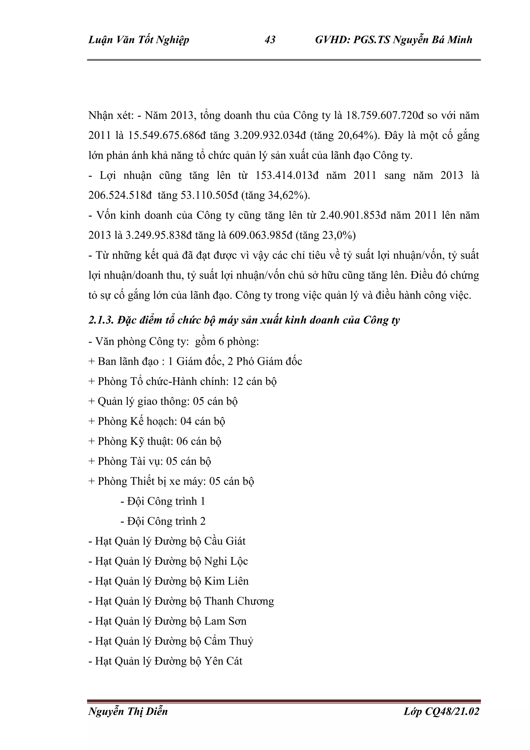 Luận Văn Tốt Nghiệp 43 GVHD: PGS.TS Nguyễn Bá Minh
Nguyễn Thị Diễn Lớp CQ48/21.02
Nhận xét: - Năm 2013, tổng doanh thu của Công ty là 18.759.607.720đ so với năm
2011 là 15.549.675.686đ tăng 3.209.932.034đ (tăng 20,64%). Đây là một cố gắng
lớn phản ánh khả năng tổ chức quản lý sản xuất của lãnh đạo Công ty.
- Lợi nhuận cũng tăng lên từ 153.414.013đ năm 2011 sang năm 2013 là
206.524.518đ tăng 53.110.505đ (tăng 34,62%).
- Vốn kinh doanh của Công ty cũng tăng lên từ 2.40.901.853đ năm 2011 lên năm
2013 là 3.249.95.838đ tăng là 609.063.985đ (tăng 23,0%)
- Từ những kết quả đã đạt được vì vậy các chỉ tiêu về tỷ suất lợi nhuận/vốn, tỷ suất
lợi nhuận/doanh thu, tỷ suất lợi nhuận/vốn chủ sở hữu cũng tăng lên. Điều đó chứng
tỏ sự cố gắng lớn của lãnh đạo. Công ty trong việc quản lý và điều hành công việc.
2.1.3. Đặc điểm tổ chức bộ máy sản xuất kinh doanh của Công ty
- Văn phòng Công ty: gồm 6 phòng:
+ Ban lãnh đạo : 1 Giám đốc, 2 Phó Giám đốc
+ Phòng Tổ chức-Hành chính: 12 cán bộ
+ Quản lý giao thông: 05 cán bộ
+ Phòng Kế hoạch: 04 cán bộ
+ Phòng Kỹ thuật: 06 cán bộ
+ Phòng Tài vụ: 05 cán bộ
+ Phòng Thiết bị xe máy: 05 cán bộ
- Đội Công trình 1
- Đội Công trình 2
- Hạt Quản lý Đường bộ Cầu Giát
- Hạt Quản lý Đường bộ Nghi Lộc
- Hạt Quản lý Đường bộ Kim Liên
- Hạt Quản lý Đường bộ Thanh Chương
- Hạt Quản lý Đường bộ Lam Sơn
- Hạt Quản lý Đường bộ Cẩm Thuỷ
- Hạt Quản lý Đường bộ Yên Cát
 