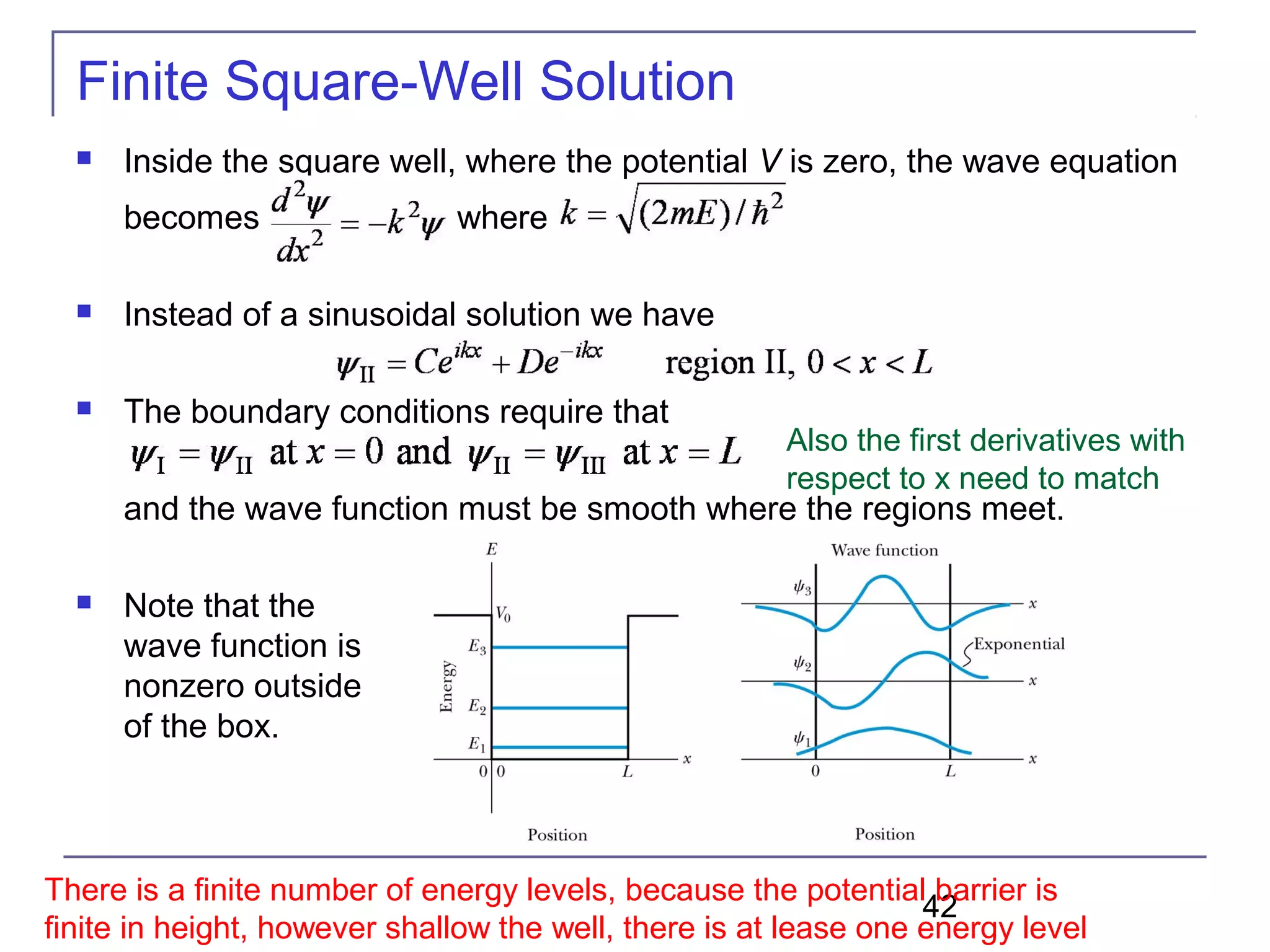 42
 Inside the square well, where the potential V is zero, the wave equation
becomes where
 Instead of a sinusoidal solution we have
 The boundary conditions require that
and the wave function must be smooth where the regions meet.
 Note that the
wave function is
nonzero outside
of the box.
Finite Square-Well Solution
There is a finite number of energy levels, because the potential barrier is
finite in height, however shallow the well, there is at lease one energy level
Also the first derivatives with
respect to x need to match
 