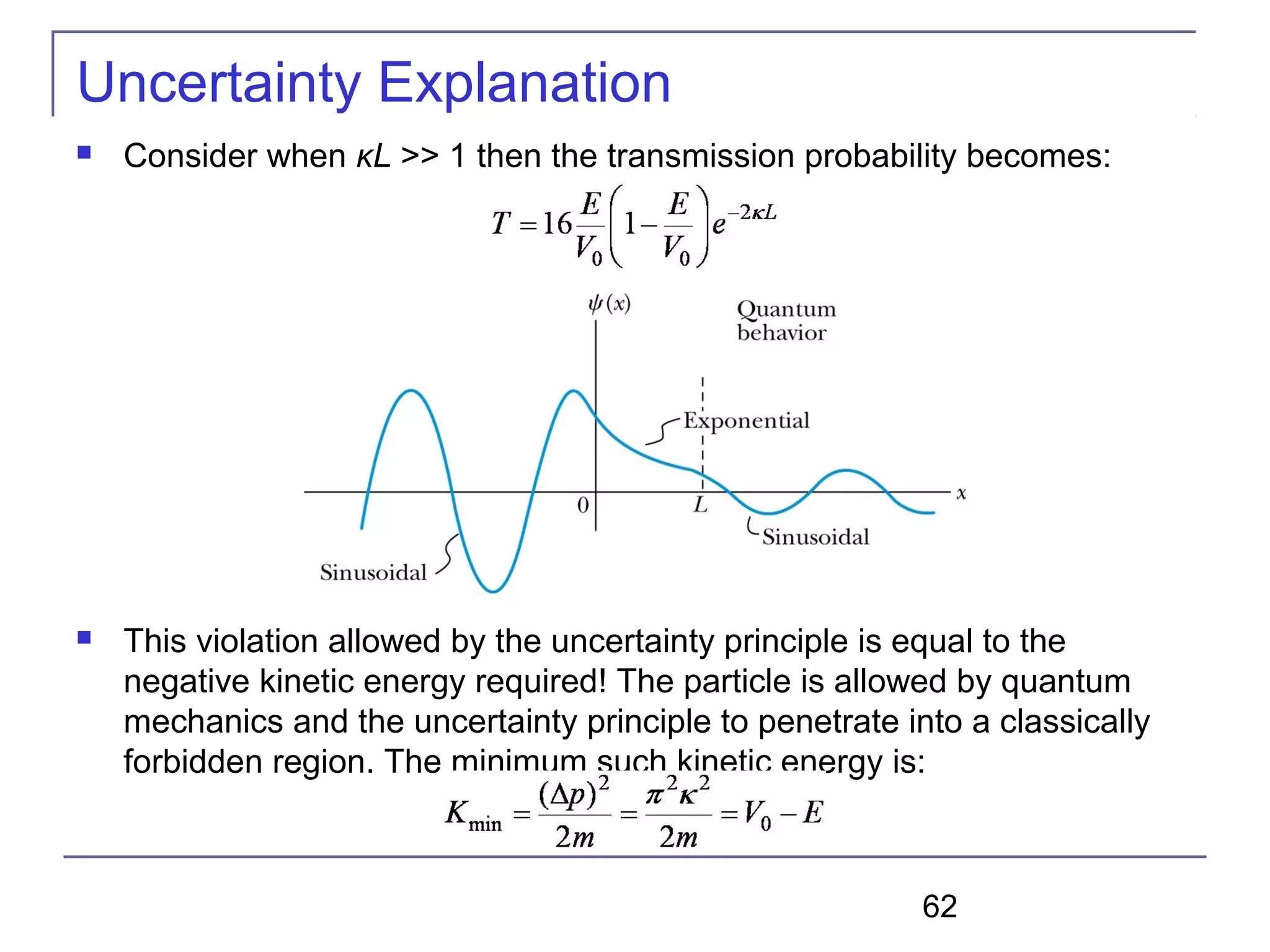 62
Uncertainty Explanation
 Consider when κL >> 1 then the transmission probability becomes:
 This violation allowed by the uncertainty principle is equal to the
negative kinetic energy required! The particle is allowed by quantum
mechanics and the uncertainty principle to penetrate into a classically
forbidden region. The minimum such kinetic energy is:
 