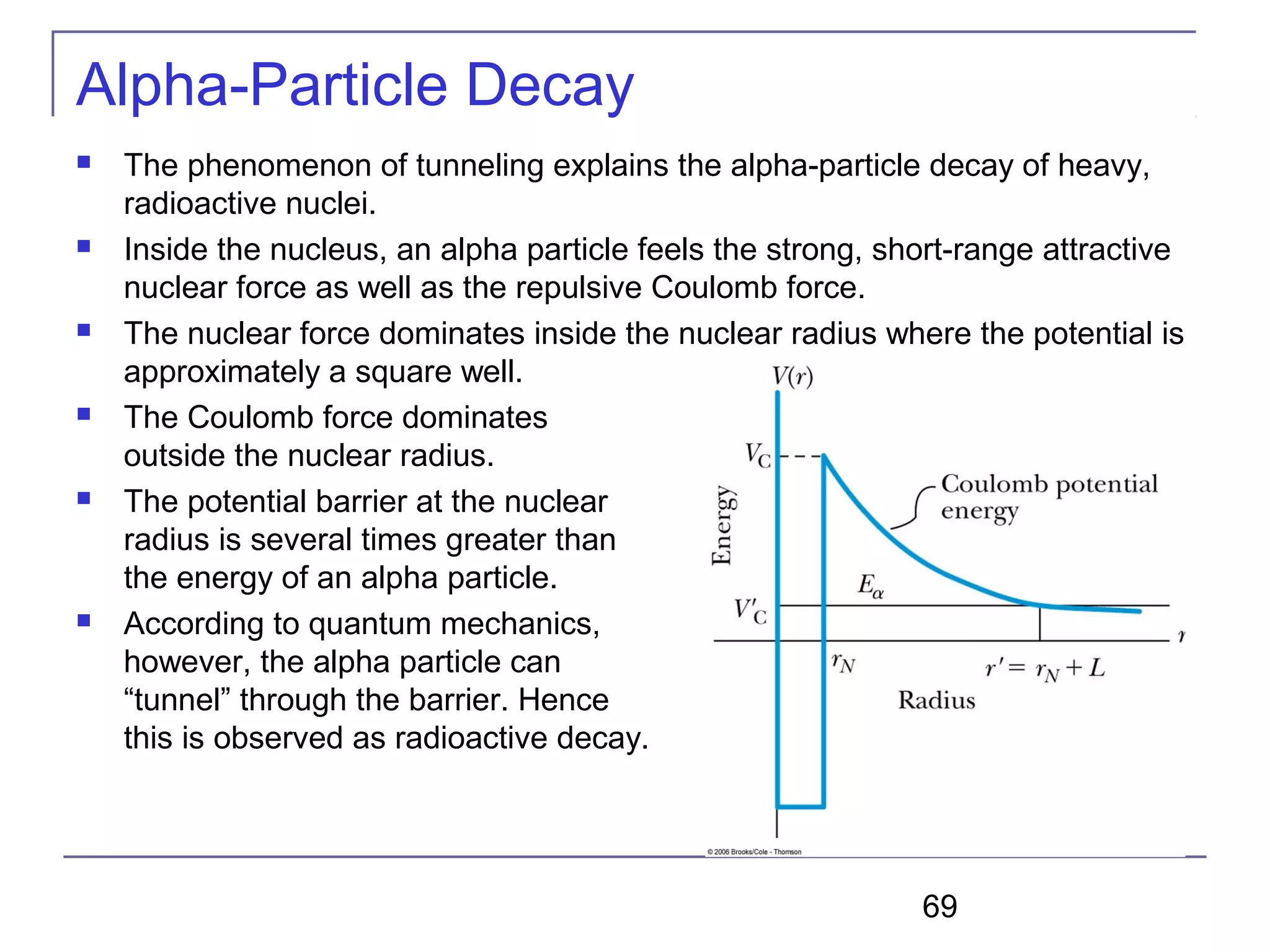 69
Alpha-Particle Decay
 The phenomenon of tunneling explains the alpha-particle decay of heavy,
radioactive nuclei.
 Inside the nucleus, an alpha particle feels the strong, short-range attractive
nuclear force as well as the repulsive Coulomb force.
 The nuclear force dominates inside the nuclear radius where the potential is
approximately a square well.
 The Coulomb force dominates
outside the nuclear radius.
 The potential barrier at the nuclear
radius is several times greater than
the energy of an alpha particle.
 According to quantum mechanics,
however, the alpha particle can
“tunnel” through the barrier. Hence
this is observed as radioactive decay.
 