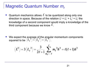 21
Magnetic Quantum Number mℓ
 Quantum mechanics allows to be quantized along only one
direction in space. Because of the relation L2
= Lx
2
+ Ly
2
+ Lz
2
the
knowledge of a second component would imply a knowledge of the
third component because we know .
 We expect the average of the angular momentum components
squared to be .
 