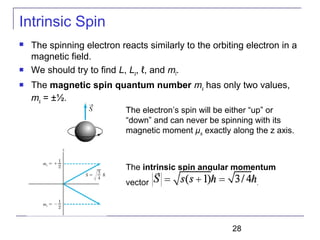 28
Intrinsic Spin
 The spinning electron reacts similarly to the orbiting electron in a
magnetic field.
 We should try to find L, Lz, ℓ, and mℓ.
 The magnetic spin quantum number ms has only two values,
ms = ±½.
The electron’s spin will be either “up” or
“down” and can never be spinning with its
magnetic moment μs exactly along the z axis.
The intrinsic spin angular momentum
vector .
 