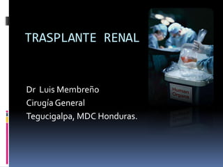 TRASPLANTE RENAL

Dr Luis Membreño
Cirugía General
Tegucigalpa, MDC Honduras.

 