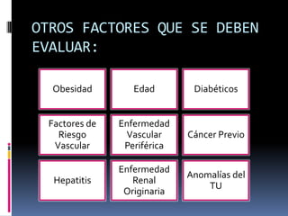 OTROS FACTORES QUE SE DEBEN
EVALUAR:
Obesidad

Edad

Diabéticos

Factores de
Riesgo
Vascular

Enfermedad
Vascular
Periférica

Cáncer Previo

Hepatitis

Enfermedad
Renal
Originaria

Anomalías del
TU

 