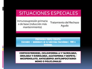SITUACIONES ESPECIALES
Inmunosupresión primaria
Tratamiento del Rechazo
o de base (inducción más
Agudo
mantenimiento)

PROTOCOLO TRIPLE TERAPIA:
Esteroides + Inhibidores de la Calicreína (Tacrolimus ) MMF o
Sirolimus.

CORTICOSTEROIDES, CICLOSPORINA A Y TACROLIMUS,
SIROLIMUS Y EVEROLIMUS, AZATIOPRINA Y MOFETILMICOFENOLATO, ANTICUERPOS ANTILINFOCITARIOS
MONO O POLICLONALES

 