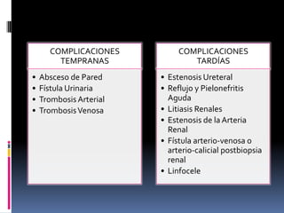 COMPLICACIONES
TEMPRANAS
•
•
•
•

Absceso de Pared
Fístula Urinaria
Trombosis Arterial
Trombosis Venosa

COMPLICACIONES
TARDÍAS
• Estenosis Ureteral
• Reflujo y Pielonefritis
Aguda
• Litiasis Renales
• Estenosis de la Arteria
Renal
• Fístula arterio-venosa o
arterio-calicial postbiopsia
renal
• Linfocele

 