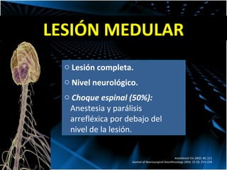 LESIÓN MEDULAR Lesión completa. Nivel neurológico. Choque espinal (50%): Anestesia y parálisis arrefl é xica por debajo del nivel de la lesión. Anesthesiol Cin 2002; 40: 111 Journal of Neurosurgical Anesthesiology 2003;  15 (3): 215–229 