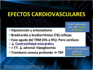 EFECTOS CARDIOVASCULARES Olga Shatz, et al. Contemporary Critical Care 2005; 7 (3): 1 -10 Journal of Neurosurgical Anesthesiology 2003; 15 (3): 215–229 Hipotensión y ortostatismo Bradicardia y bradiarritmias (T6) reflejas Fase aguda del TRM (4% a 9%): Paro cardiaco ↓  Contractilidad miocárdica > T7: ↓ adrenal: hipoglicemia Trombosis venosa profunda -> TEP Otros: Cx prolongada, prono, Ca Mecánicos Evitar hipotensión LEV, GRE,  DA, NE, fenilefrina 