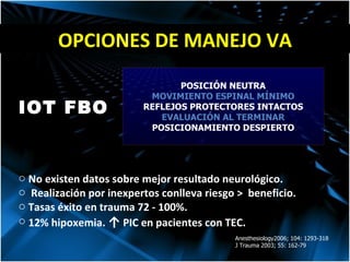 OPCIONES DE MANEJO VA POSICIÓN NEUTRA MOVIMIENTO ESPINAL MÍNIMO REFLEJOS PROTECTORES INTACTOS EVALUACIÓN AL TERMINAR POSICIONAMIENTO DESPIERTO IOT FBO No existen datos sobre mejor resultado neurológico. Realización por inexpertos conlleva riesgo >  beneficio. Tasas éxito en trauma 72 - 100%. 12% hipoxemia.  ↑  PIC en pacientes con TEC. Anesthesiology2006; 104: 1293-318 J Trauma 2003; 55: 162-79 