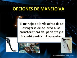 Anesthesiology   2006;104:1293-318 El manejo de la vía aérea debe escogerse de acuerdo a las características del paciente y a las habilidades del operador. OPCIONES DE MANEJO VA 