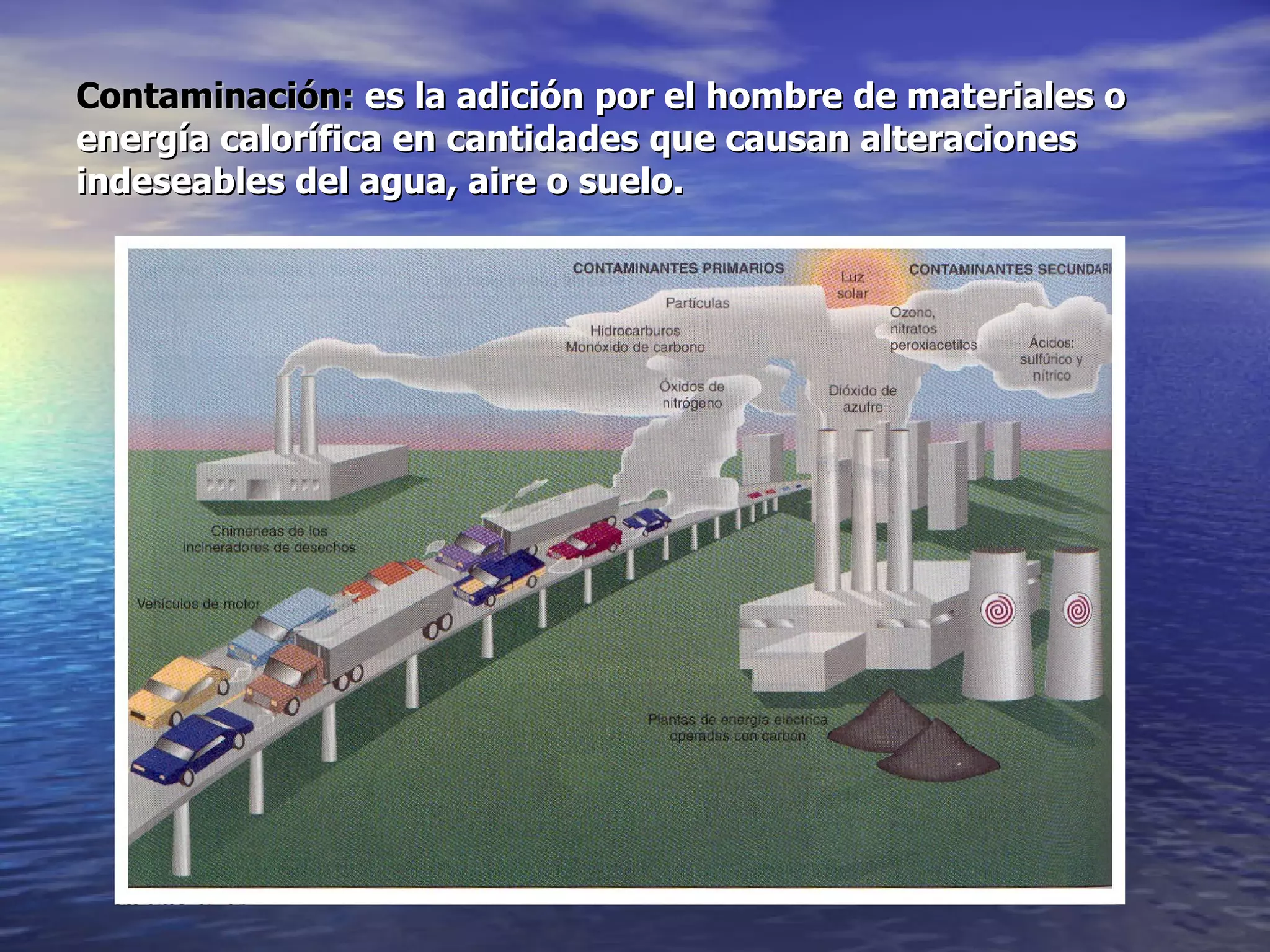 Contaminación:  es la adición por el hombre de materiales o energía calorífica en cantidades que causan alteraciones indeseables del agua, aire o suelo. 