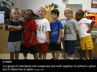A team
is a group of individuals who cooperate and work together to achieve a given
set of objectives or goals (Horodyski, 1995).
 