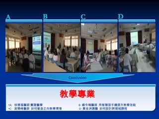 Example text               Example text                 Example text               Example text

Go ahead and replace it    Go ahead and replace it      Go ahead and replace it    Go ahead and replace it
with your own text. This   with your own text. This     with your own text. This   with your own text. This
is an example text.        is an example text.          is an example text.        is an example text.




                                            Conclusion



                                     教學專業
•A: 徐德福醫師 實證醫學                                        B: 楊令瑀醫師 用智慧型手機提升教學效能
•C: 凌憬峰醫師 如何營造正向教學環境                                  D: 黃金洲講醫 如何設計跨領域課程
 