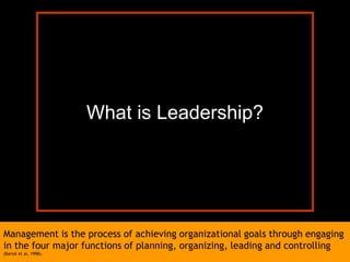 What is Leadership?




Management is the process of achieving organizational goals through engaging
in the four major functions of planning, organizing, leading and controlling
(Bartol et al, 1998).
 