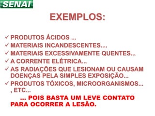 EXEMPLOS:

 PRODUTOS ÁCIDOS ...
 MATERIAIS INCANDESCENTES....
 MATERIAIS EXCESSIVAMENTE QUENTES...
 A CORRENTE ELÉTRICA...
 AS RADIAÇÕES QUE LESIONAM OU CAUSAM
  DOENÇAS PELA SIMPLES EXPOSIÇÃO...
 PRODUTOS TÓXICOS, MICROORGANISMOS...
  , ETC...
      ... POIS BASTA UM LEVE CONTATO
  PARA OCORRER A LESÃO.
 