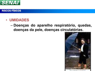 RISCOS FÍSICOS



  • UMIDADES
    – Doenças do aparelho respiratório, quedas,
      doenças da pele, doenças circulatórias.
 