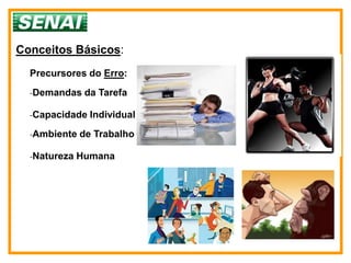 Conceitos Básicos:
  Precursores do Erro:
  -Demandas da Tarefa

  -Capacidade Individual

  -Ambiente de Trabalho

  -Natureza Humana
 