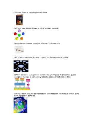Customer Share = participacion del cliente




Data Mart = es una versión especial de almacén de datos




Datamining =sofare que maneja la información almacenada




Data Warehouse =base de datos con un un almacenamiento grande




DBMS = DataBase Management System= Es un conjunto de programas que se
encarga de manejar la cremación y todos los acceso a las bases de datos




Dominio = es un conjunto de ordenadores conectados en una red que confían a uno
de los equipos de dicha red
 