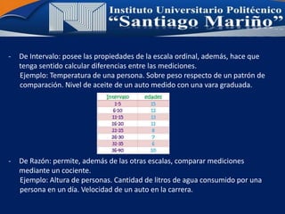 - De Intervalo: posee las propiedades de la escala ordinal, además, hace que
tenga sentido calcular diferencias entre las mediciones.
Ejemplo: Temperatura de una persona. Sobre peso respecto de un patrón de
comparación. Nivel de aceite de un auto medido con una vara graduada.
- De Razón: permite, además de las otras escalas, comparar mediciones
mediante un cociente.
Ejemplo: Altura de personas. Cantidad de litros de agua consumido por una
persona en un día. Velocidad de un auto en la carrera.
 