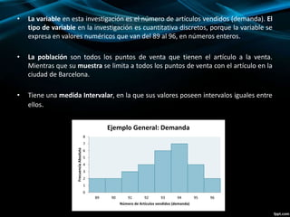 • La variable en esta investigación es el número de artículos vendidos (demanda). El
tipo de variable en la investigación es cuantitativa discretos, porque la variable se
expresa en valores numéricos que van del 89 al 96, en números enteros.
• La población son todos los puntos de venta que tienen el artículo a la venta.
Mientras que su muestra se limita a todos los puntos de venta con el artículo en la
ciudad de Barcelona.
• Tiene una medida Intervalar, en la que sus valores poseen intervalos iguales entre
ellos.
0
1
2
3
4
5
6
7
8
89 90 91 92 93 94 95 96
FrecuenciaAbsoluta
Número de Artículos vendidos (demanda)
Ejemplo General: Demanda
 