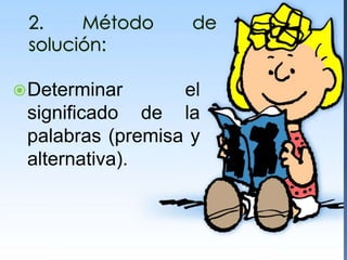 Determinar el
significado de la
palabras (premisa y
alternativa).
 