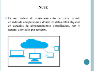 NUBE
 Es un modelo de almacenamiento de datos basado
en redes de computadoras, donde los datos están alojados
en espacios de almacenamiento virtualizados, por lo
general aportados por terceros.
 