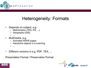 Heterogeneity: Formats Depends on subject, e.g. Mathematics (TEX, PS, ...) Geography (GIS) ... Multimedia, e.g. Animated WWW pages Interactive objects in e-Learning ... Different versions in e.g. PDF, TEX, ... Presentation Format / Preservation Format 