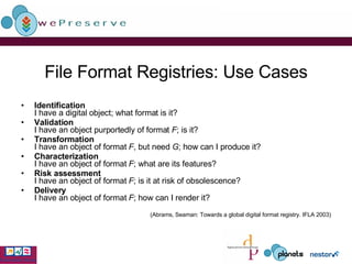 File Format Registries: Use Cases Identification I have a digital object; what format is it? Validation I have an object purportedly of format  F ; is it? Transformation I have an object of format  F , but need  G ; how can I produce it? Characterization I have an object of format  F ; what are its features? Risk assessment I have an object of format  F ; is it at risk of obsolescence? Delivery I have an object of format  F ; how can I render it? (Abrams, Seaman: Towards a global digital format registry. IFLA 2003) 