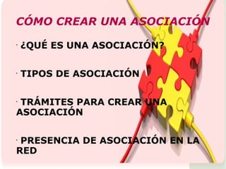 CÓMO CREAR UNA ASOCIACIÓN ¿QUÉ ES UNA ASOCIACIÓN? TIPOS DE ASOCIACIÓN TRÁMITES PARA CREAR UNA ASOCIACIÓN PRESENCIA DE ASOCIACIÓN EN LA RED DECLARACIÓN DE UTILIDAD PÚBLICA 