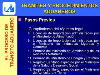 TRAMITES Y PROCEDIMIENTOS
                           ADUANEROS
                     Pasos Previos
TRÁNSITO ADUANERO
  EL PROCESO DE



                    – Cumplimiento del régimen legal
                      8. Licencias de Importación administradas por
                          el Ministerio de Alimentación
                      9. Licencias de Importación administradas por
                          el Ministerio de Industrias Ligereas y
                          Comercio
                      10. Permiso del Ministerio del Ambiente y de los
                          Recursos Naturales
                      11. Permiso del Ministerio de Energía y Petróleo
                      12. Registro Sanitario expedido por el Ministerio
                          de la Salud y Desarrollo Social
                      13. Registro Sanitario expedido por el Ministerio
                          de Agricultura y Tierra
 
