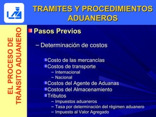 TRAMITES Y PROCEDIMIENTOS
                           ADUANEROS
                    Pasos Previos
TRÁNSITO ADUANERO
  EL PROCESO DE



                    – Determinación de costos

                        Costo de las mercancías
                        Costos de transporte
                         –   Internacional
                         –   Nacional
                        Costos del Agente de Aduanas
                        Costos del Almacenamiento
                        Tributos
                         –   Impuestos aduaneros
                         –   Tasa por determinación del régimen aduanero
                         –   Impuesto al Valor Agregado
 