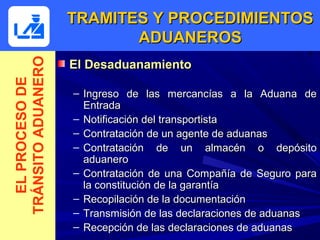 TRAMITES Y PROCEDIMIENTOS
TRÁNSITO ADUANERO          ADUANEROS
                    El Desaduanamiento
  EL PROCESO DE



                    – Ingreso de las mercancías a la Aduana de
                      Entrada
                    – Notificación del transportista
                    – Contratación de un agente de aduanas
                    – Contratación de un almacén o depósito
                      aduanero
                    – Contratación de una Compañía de Seguro para
                      la constitución de la garantía
                    – Recopilación de la documentación
                    – Transmisión de las declaraciones de aduanas
                    – Recepción de las declaraciones de aduanas
 